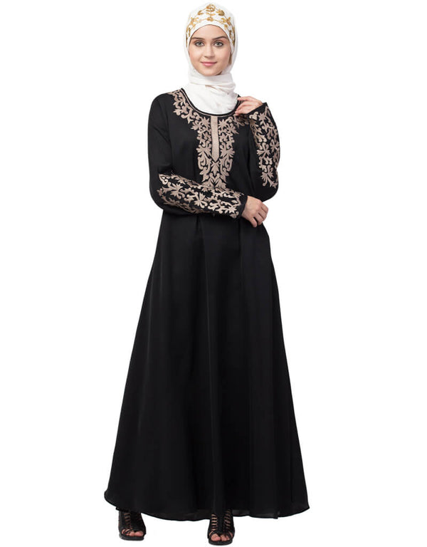 Trendy Front and Sleeve Resham embroidered A line Abaya Black