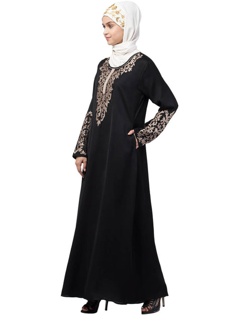 Trendy Front and Sleeve Resham embroidered A line Abaya Black