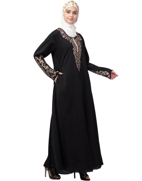 Trendy Front and Sleeve Resham embroidered A line Abaya Black