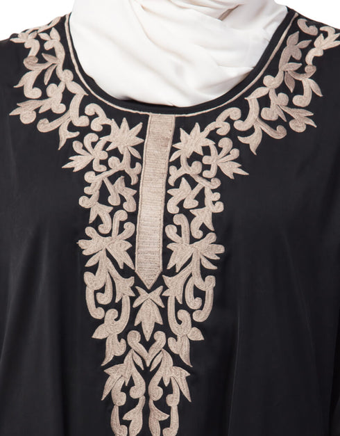 Trendy Front and Sleeve Resham embroidered A line Abaya Black
