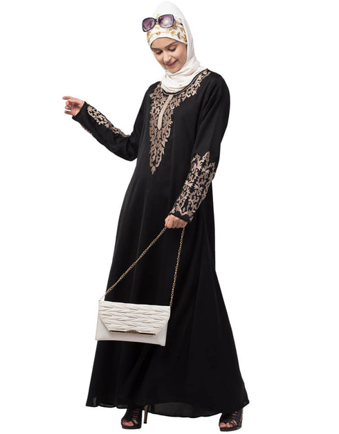 Trendy Front and Sleeve Resham embroidered A line Abaya Black