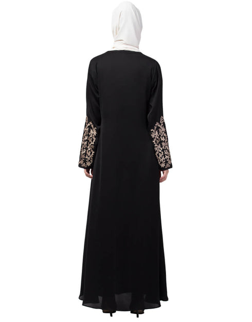 Trendy Front and Sleeve Resham embroidered A line Abaya Black