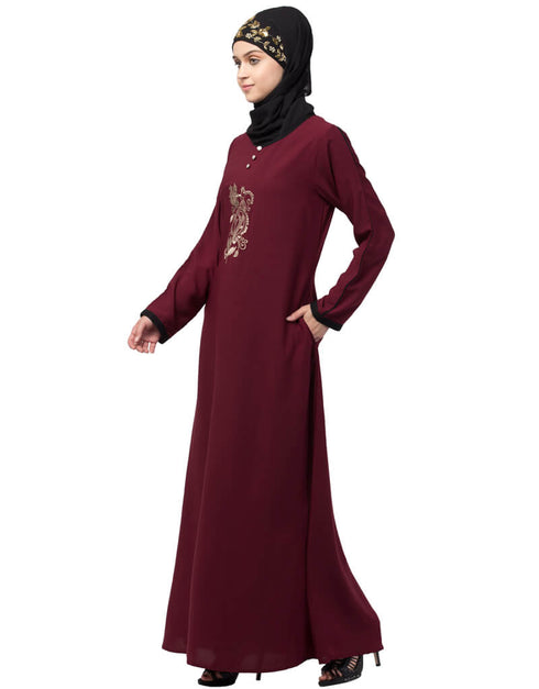 Modern Center embroidery contrast piping Abaya Maroon