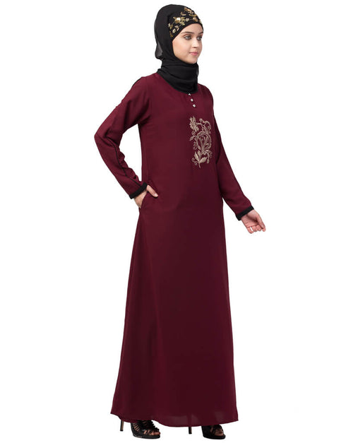 Modern Center embroidery contrast piping Abaya Maroon