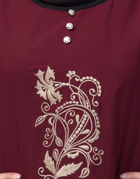 Modern Center embroidery contrast piping Abaya Maroon