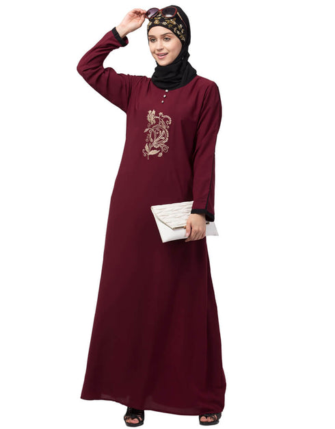 Modern Center embroidery contrast piping Abaya Maroon