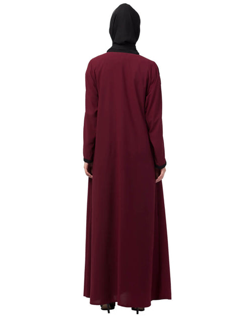Modern Center embroidery contrast piping Abaya Maroon