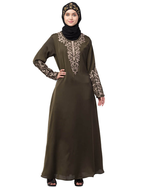 Dubai Front and Sleeve Resham embroidered A line Abaya Green