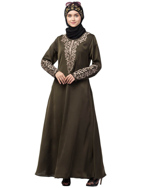 Dubai Front and Sleeve Resham embroidered A line Abaya Green