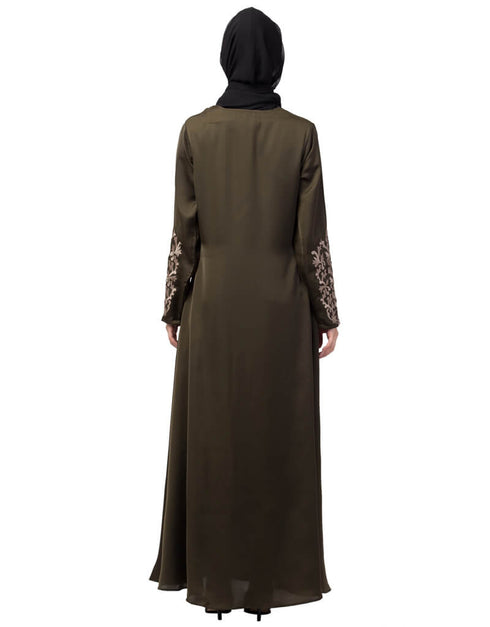 Dubai Front and Sleeve Resham embroidered A line Abaya Green