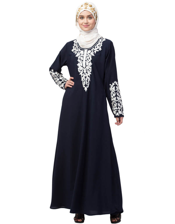 Muslim Front and Sleeve Resham embroidered A line Abaya Navy Blue