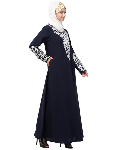 Muslim Front and Sleeve Resham embroidered A line Abaya Navy Blue
