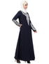 Muslim Front and Sleeve Resham embroidered A line Abaya Navy Blue