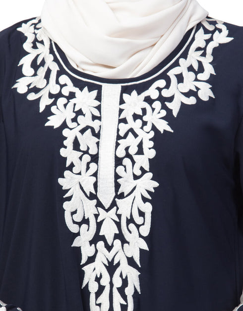 Muslim Front and Sleeve Resham embroidered A line Abaya Navy Blue