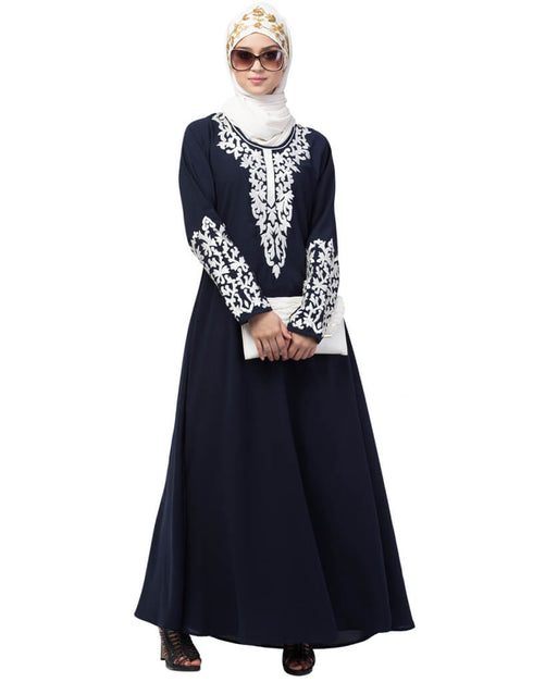 Muslim Front and Sleeve Resham embroidered A line Abaya Navy Blue
