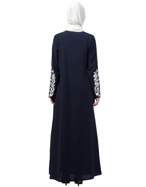 Muslim Front and Sleeve Resham embroidered A line Abaya Navy Blue