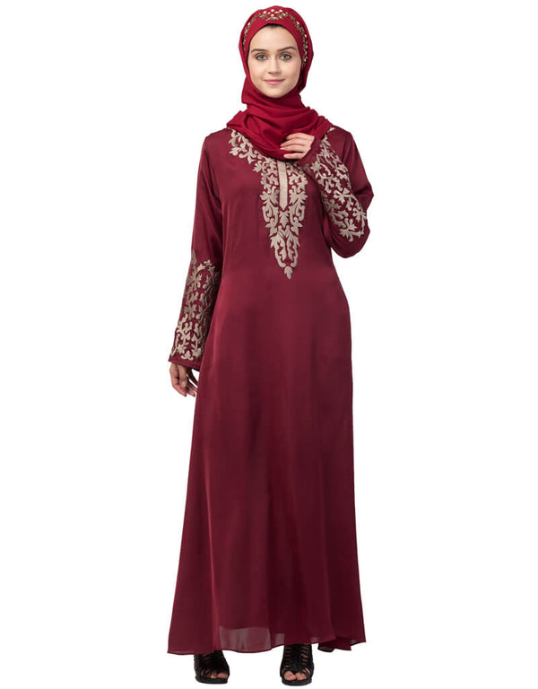 Modest Front and Sleeve Resham embroidered A line Abaya Maroon