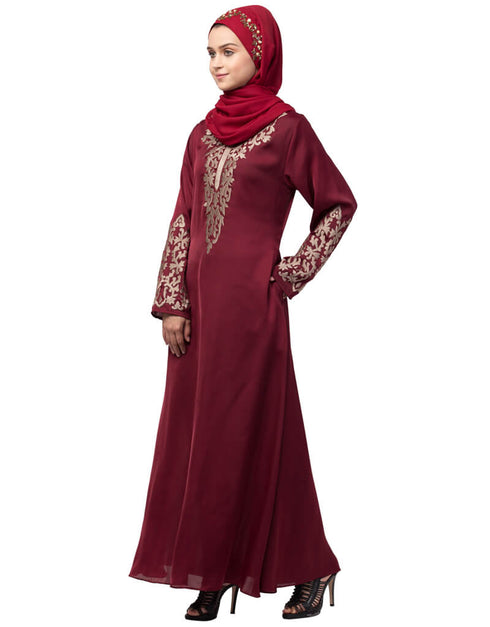Modest Front and Sleeve Resham embroidered A line Abaya Maroon