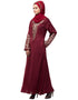 Modest Front and Sleeve Resham embroidered A line Abaya Maroon