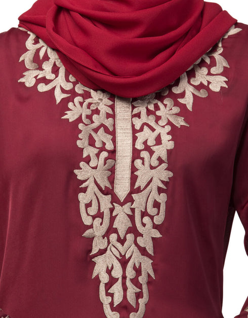 Modest Front and Sleeve Resham embroidered A line Abaya Maroon