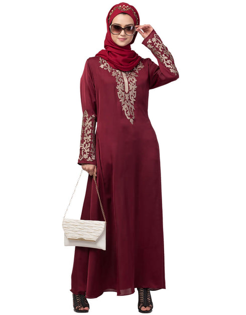 Modest Front and Sleeve Resham embroidered A line Abaya Maroon