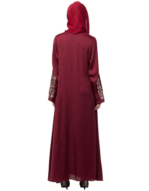 Modest Front and Sleeve Resham embroidered A line Abaya Maroon