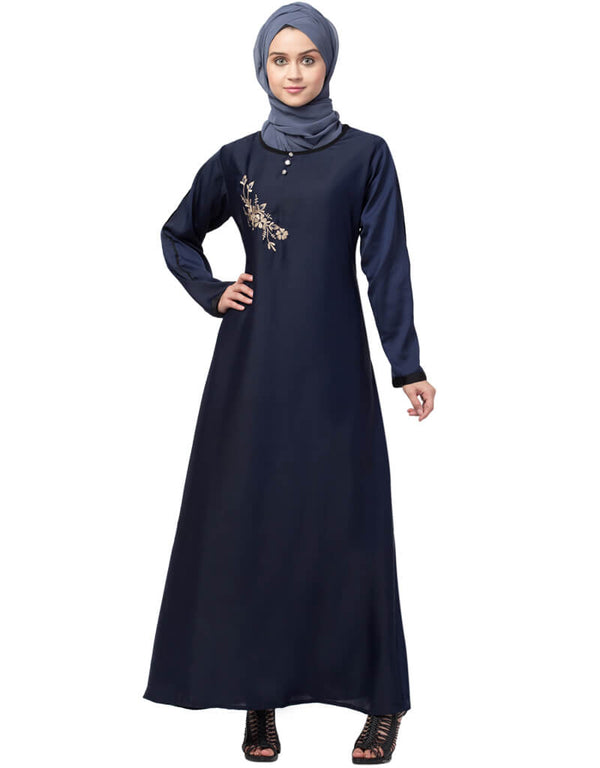 Islamic Side Embroidery Contrast Piping abaya Navy Blue