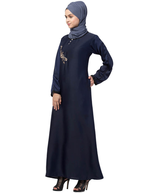 Islamic Side Embroidery Contrast Piping abaya Navy Blue