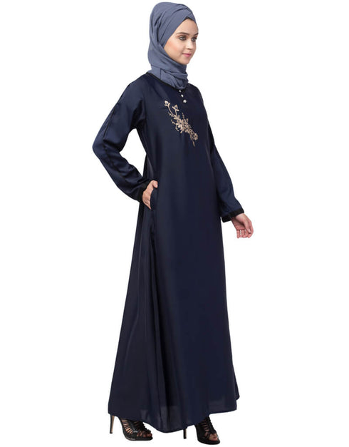 Islamic Side Embroidery Contrast Piping abaya Navy Blue