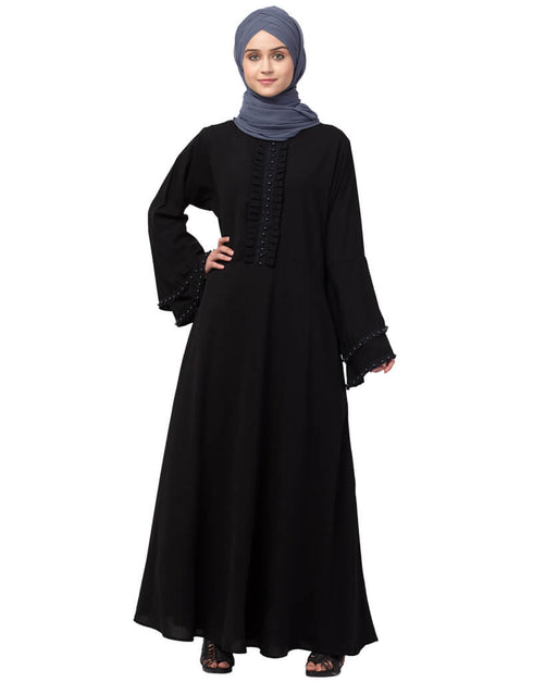 Women Pleats and Beads with Bell sleeve Abaya Black