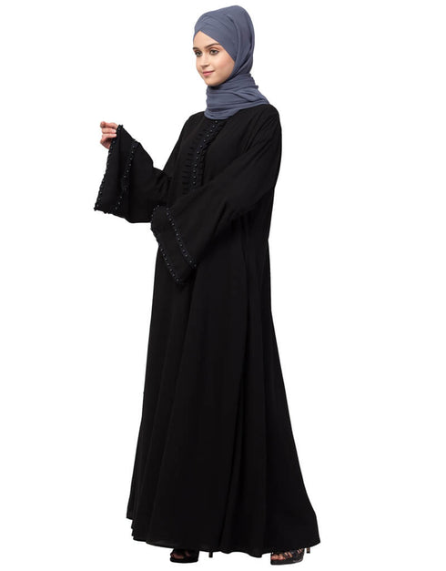 Women Pleats and Beads with Bell sleeve Abaya Black