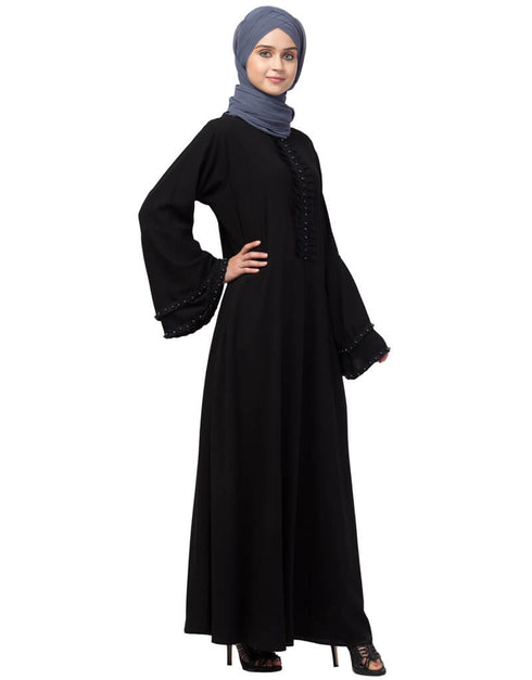 Women Pleats and Beads with Bell sleeve Abaya Black