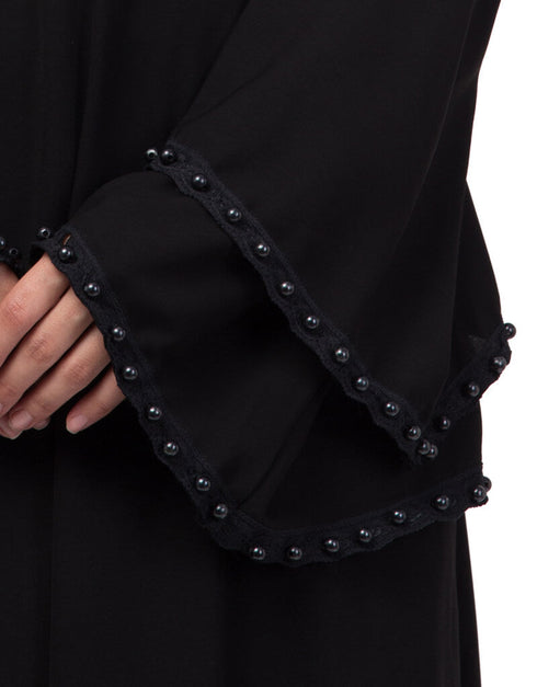 Women Pleats and Beads with Bell sleeve Abaya Black