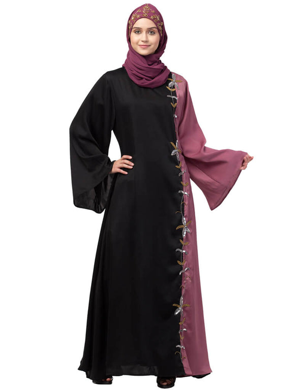 Chic Contrast Front and sleeve Hand work Abaya Black