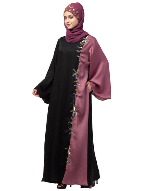 Chic Contrast Front and sleeve Hand work Abaya Black