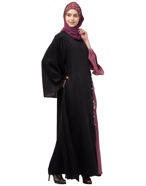 Chic Contrast Front and sleeve Hand work Abaya Black