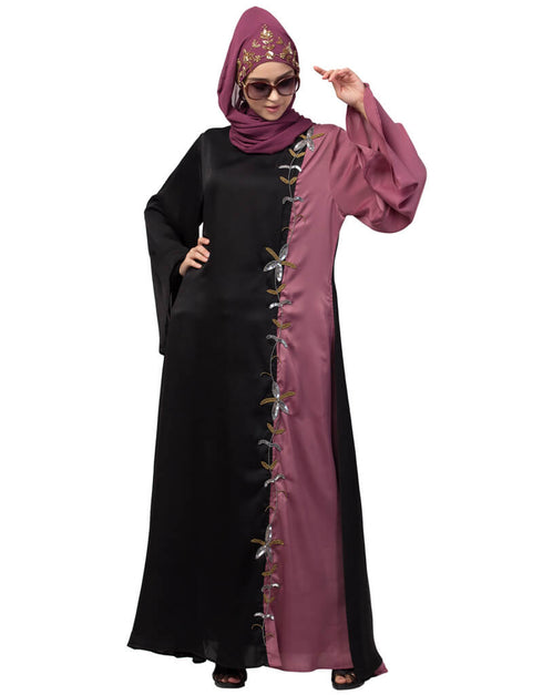 Chic Contrast Front and sleeve Hand work Abaya Black