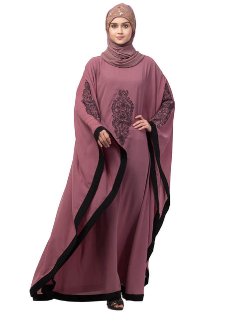 Trendy Center and Sleeve embroidery contrast Band Kaftan Pink