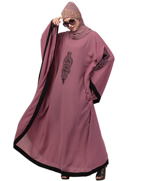 Trendy Center and Sleeve embroidery contrast Band Kaftan Pink