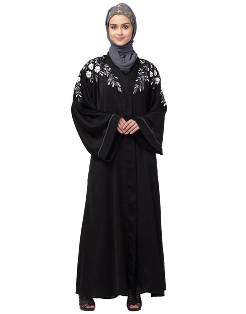 Modern Front to back Resham Embroidery Front Open Abaya Black