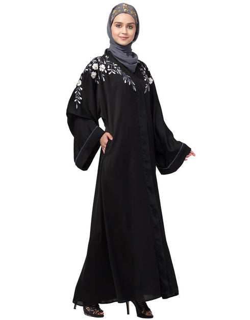 Modern Front to back Resham Embroidery Front Open Abaya Black
