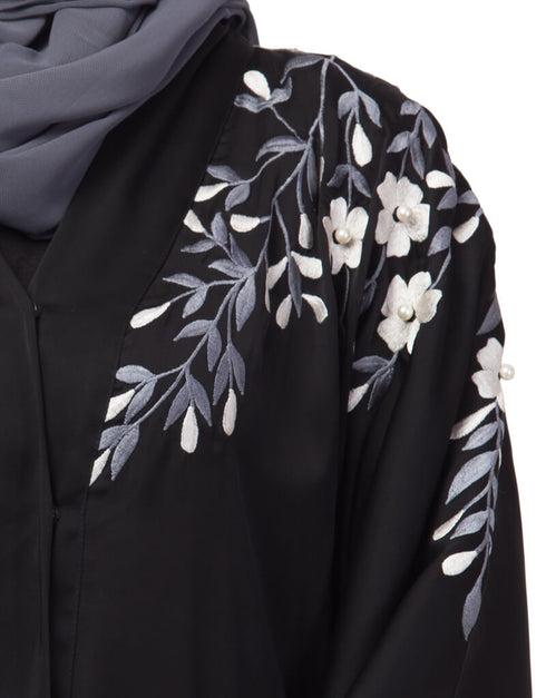 Modern Front to back Resham Embroidery Front Open Abaya Black