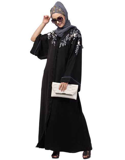 Modern Front to back Resham Embroidery Front Open Abaya Black