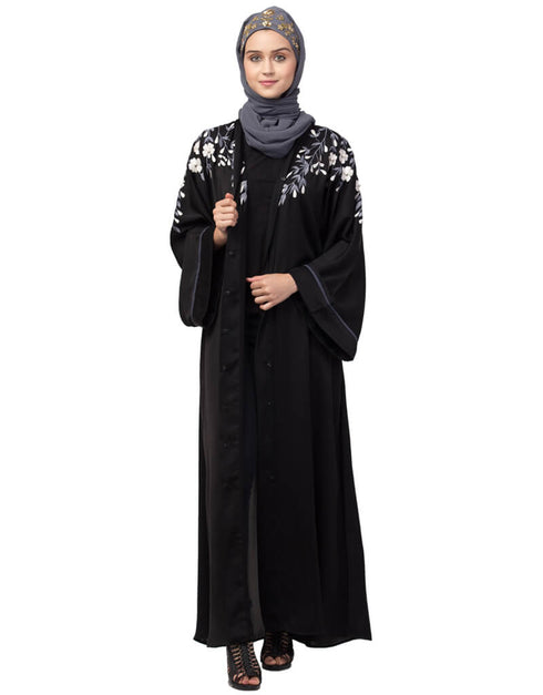 Modern Front to back Resham Embroidery Front Open Abaya Black