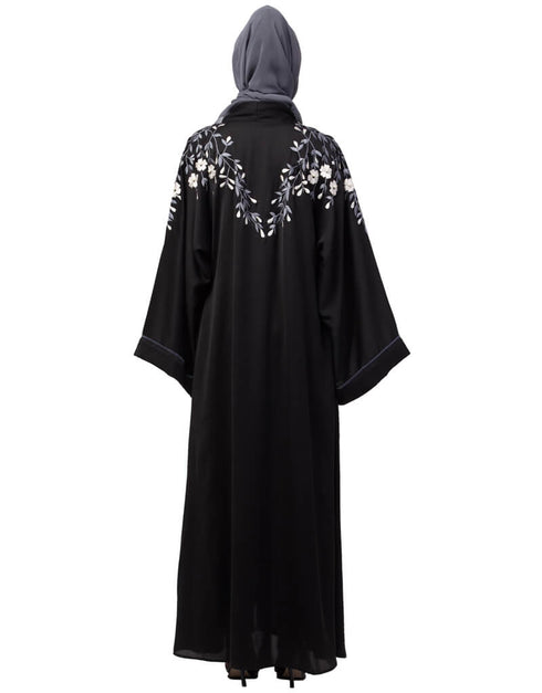 Modern Front to back Resham Embroidery Front Open Abaya Black