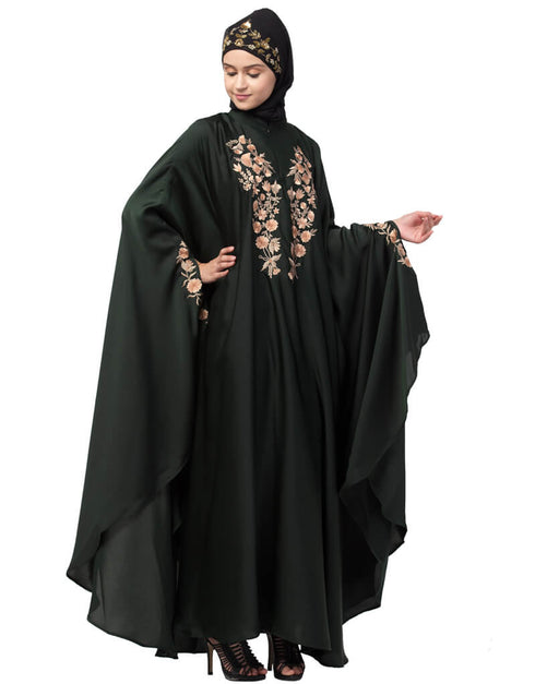 Muslim Neck and Sleeve Embroidered Irani Kaftan Dark Green