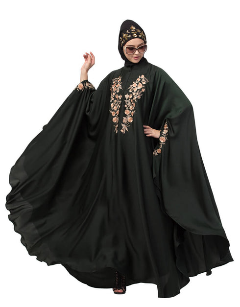 Muslim Neck and Sleeve Embroidered Irani Kaftan Dark Green