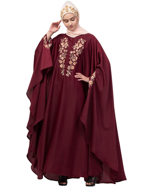 Arabic Neck and Sleeve Embroidered Irani Kaftan Maroon