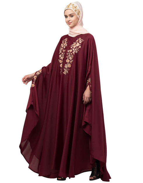 Arabic Neck and Sleeve Embroidered Irani Kaftan Maroon