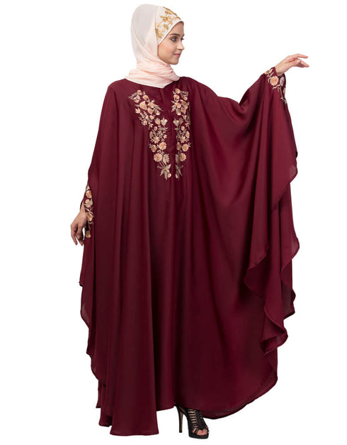 Arabic Neck and Sleeve Embroidered Irani Kaftan Maroon